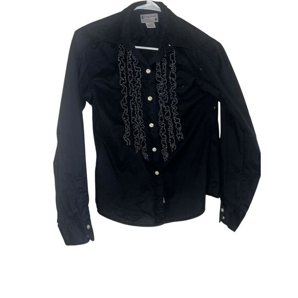 LUCKY BRAND BLACK RUFFLED BUTTON DOWN Sz S Collar Preppy Long Sleeves Minimalist - Picture 1 of 6